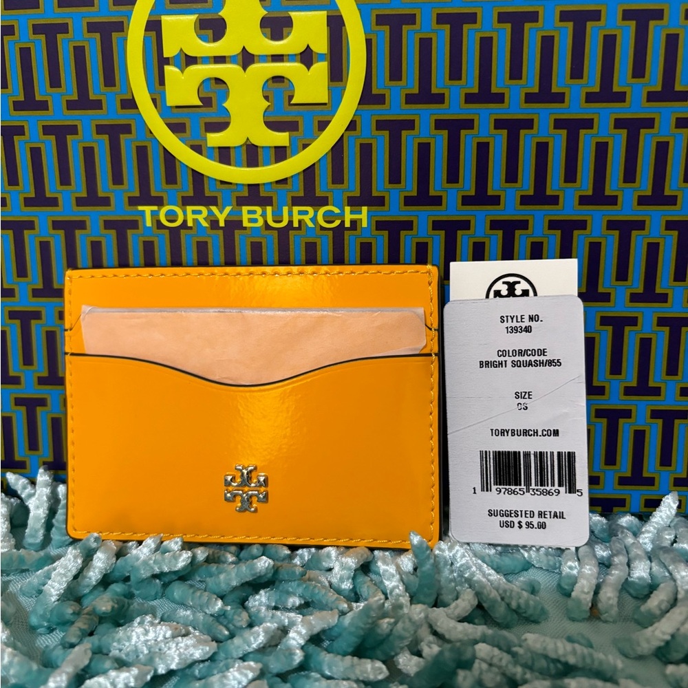 Authentic Tory Burch Slim Card Case Patent Bright Squash/855